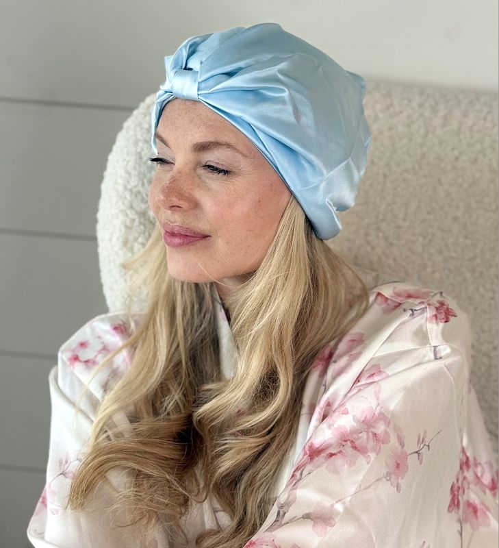 Sove turban i silke-himmelblå